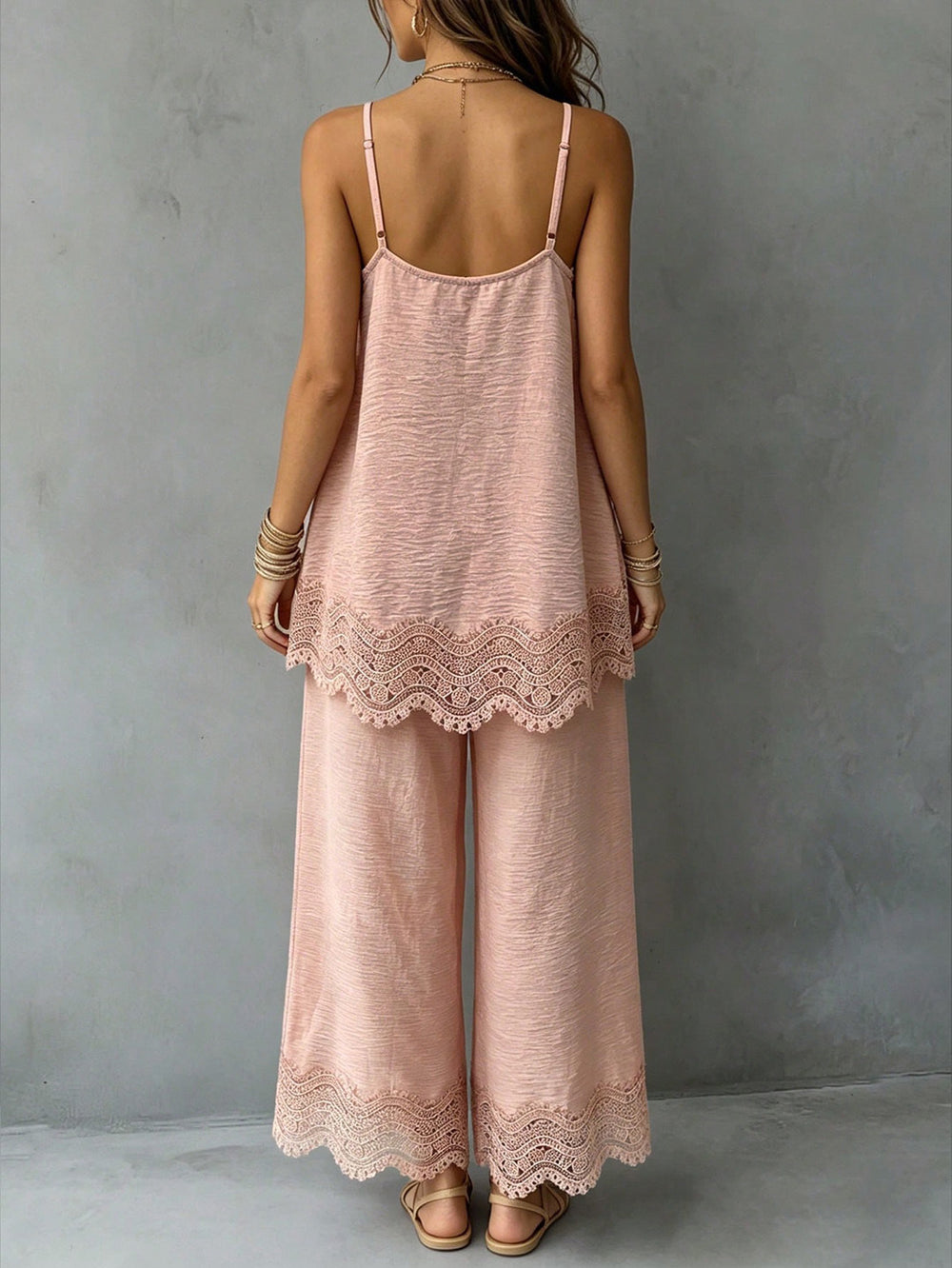 fashion  summer new light pink lace suspender suit looseloose pants vacation style two-piece set