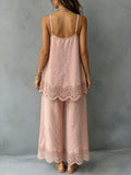 fashion  summer new light pink lace suspender suit looseloose pants vacation style two-piece set