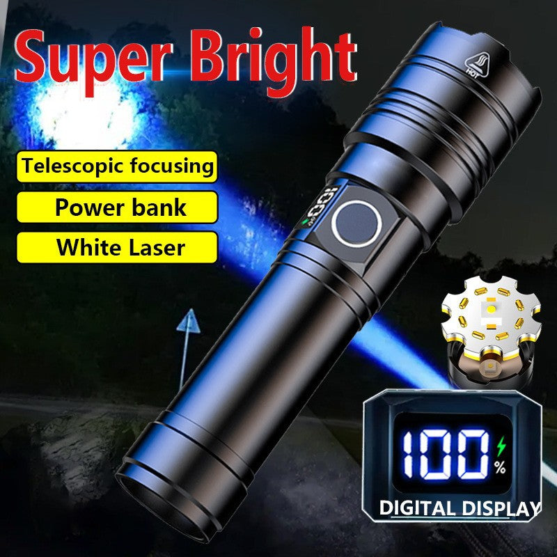 Cross-border hot-selling super long-range white laser flashlight, household outdoor charging portable digital display emergency led flashlight