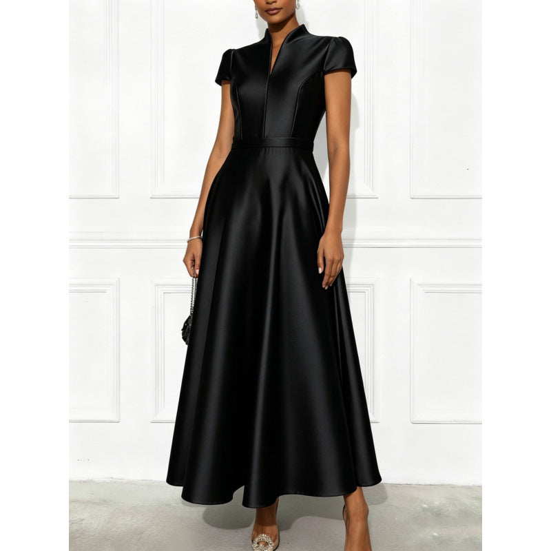 European and american cross-border new arrival: solid color knitted satin short-sleeve a-line dress with cinched waist