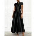 European and american cross-border new arrival: solid color knitted satin short-sleeve a-line dress with cinched waist
