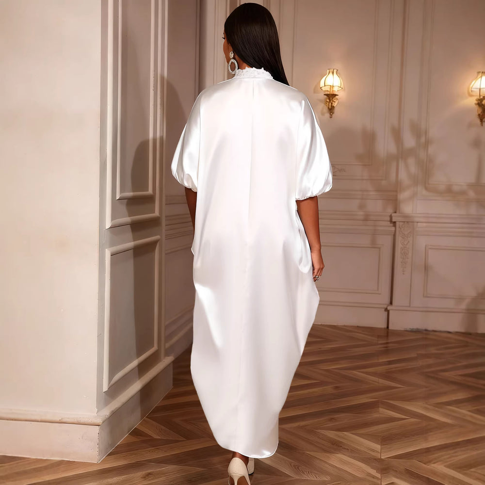 White satin stand collar lace cut outdress looseasymmetrical drawstring slit elegant african robe skirt