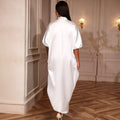 White satin stand collar lace cut outdress looseasymmetrical drawstring slit elegant african robe skirt