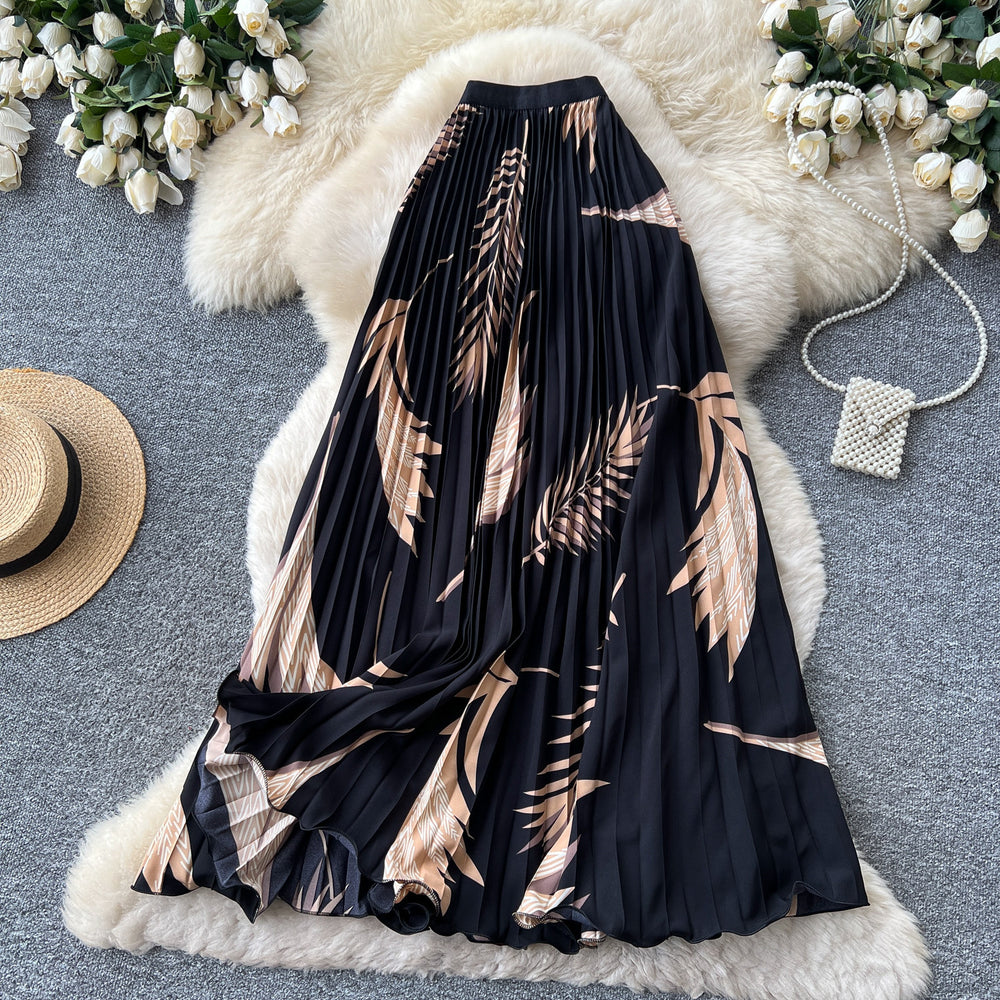 French printinghigh waistslimming looka-line pleated skirt women's summer midi skirt vacation style elegant work clothing skirt