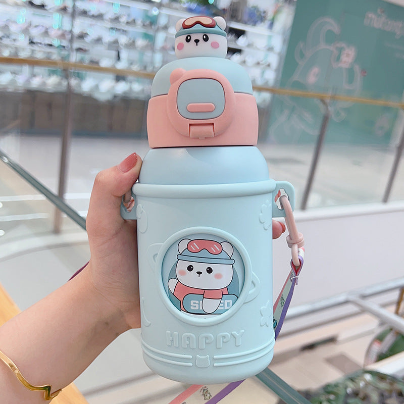 Cute kids thermos cup 316 stainless steel food grade student straw cup big belly water cup outdoor water kettle gift