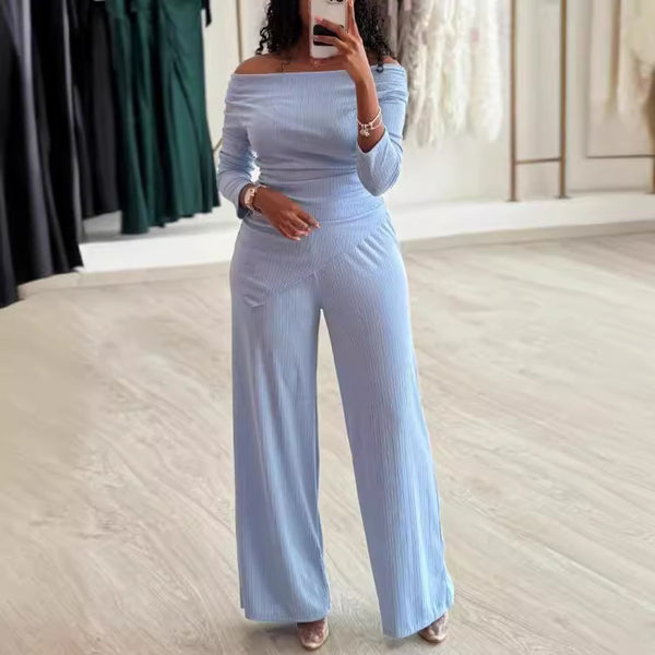 Sexy off-the-shoulder asymmetrical hem top and pants set European and American women's clothing 2024 autumn fashion new products