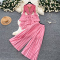 Classy sense of commuting style pleated pleated skirt three-quarter sleeve topshigh waistloose pants women's autumslimming looktwo-piece set