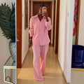 European and american cross-border women's clothing  spring/summer new fashion sweet striped loose long-sleeved shirt and tie-waist pants set