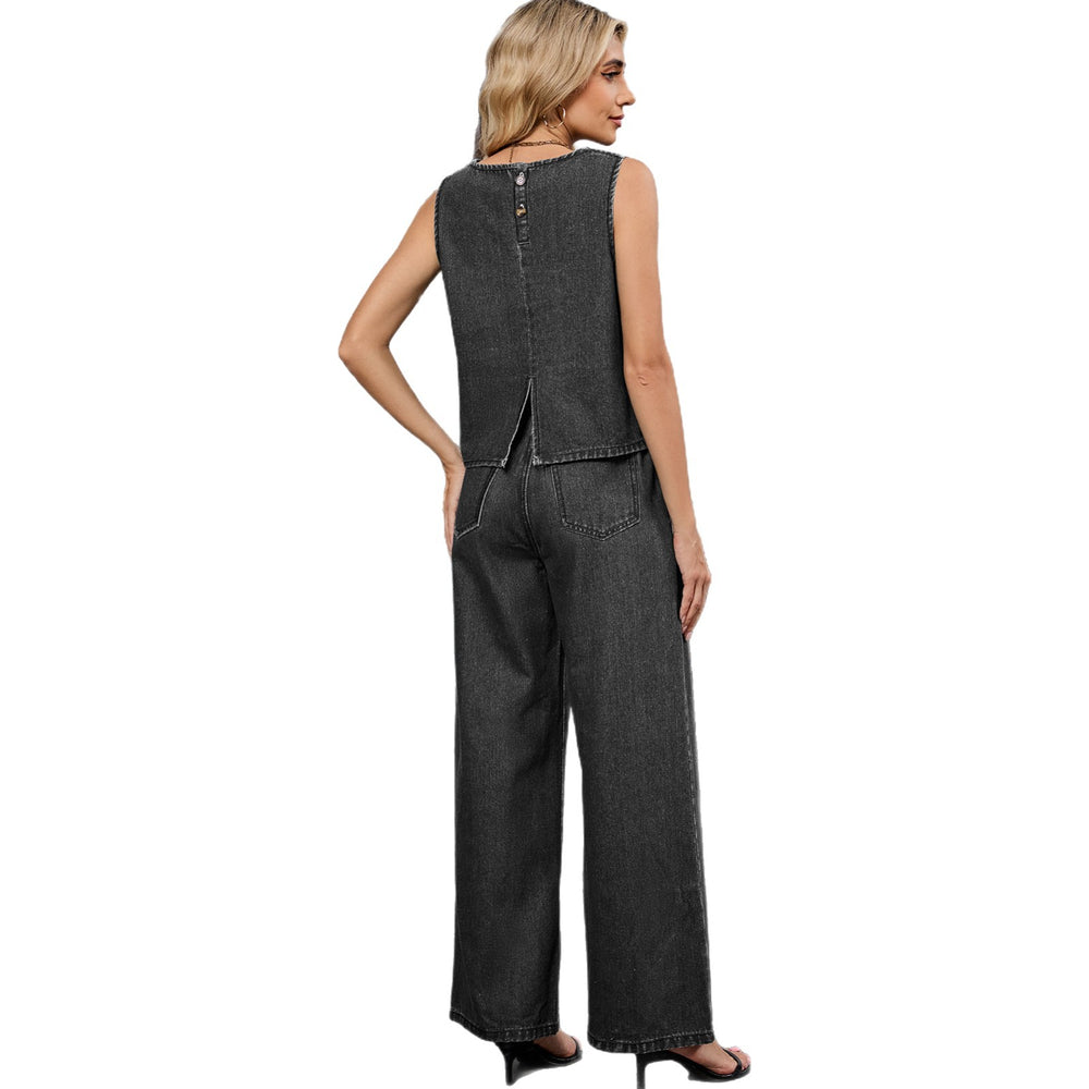 European and american cross-border e-commerce women's autumn new arrivals:  independent store washed solid color denim top and pants set