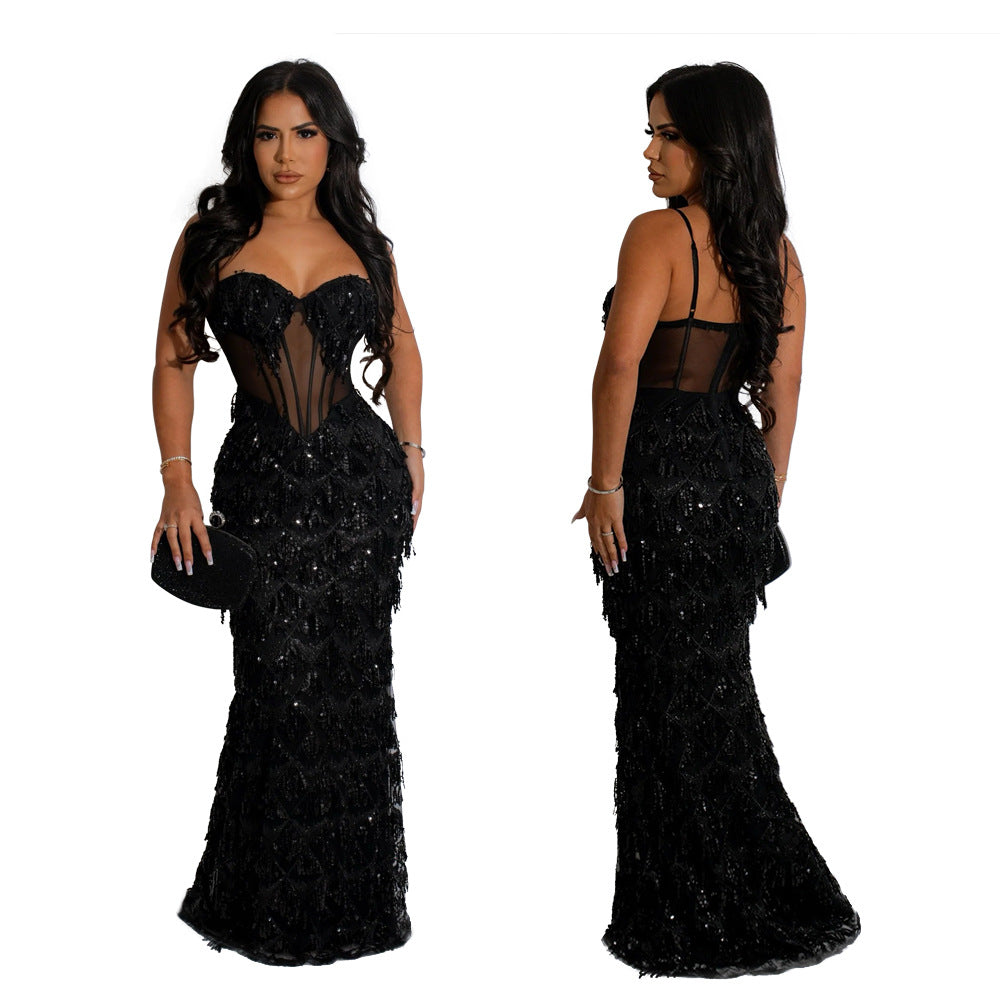 new european and american  export sequin party maxi dress - fashionable spaghetti strap bodycon a-line dress