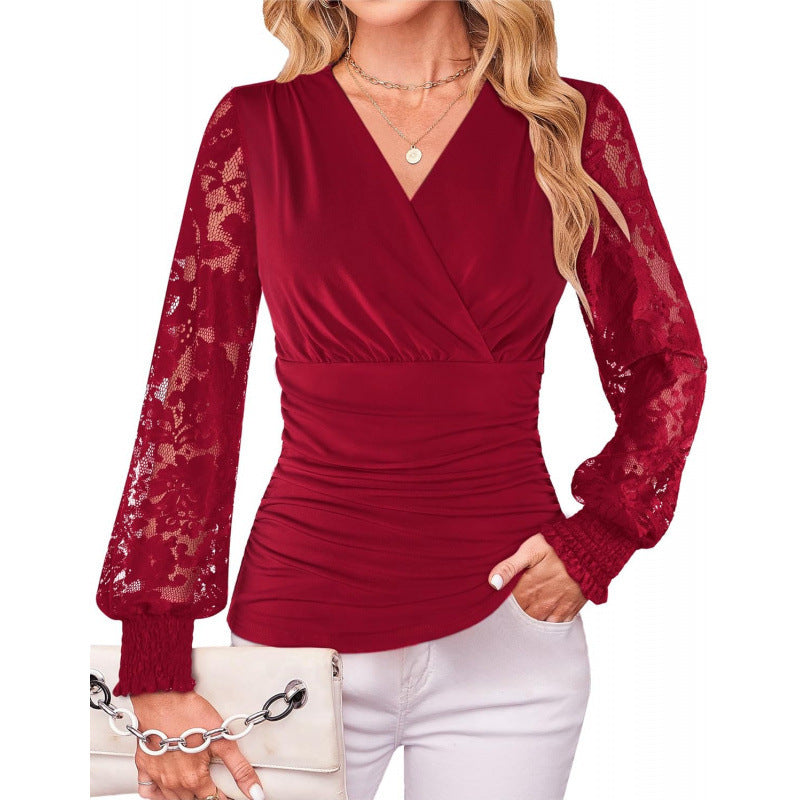 Amazon casualelegancelace pleated shirt women's  spring new arrivalelegantfashionlong sleevestops