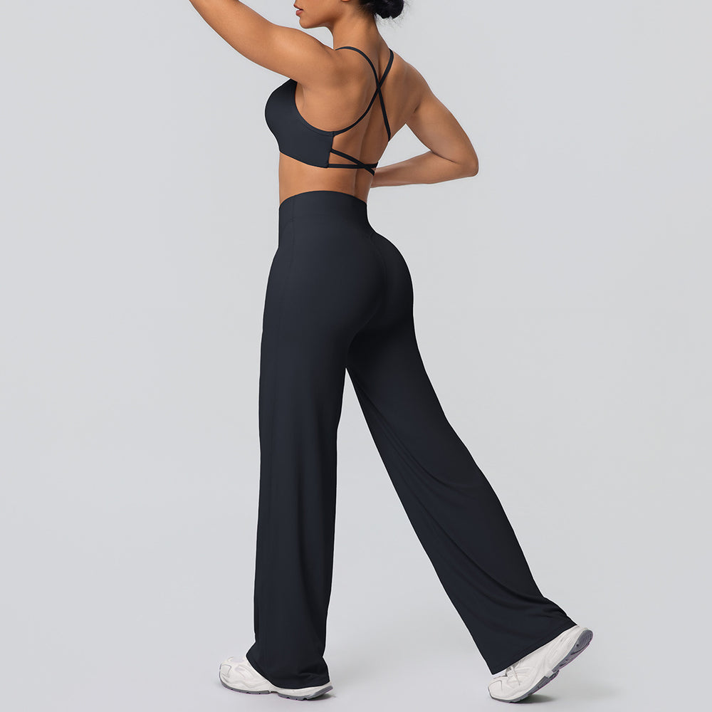 New arrival: cross-border brushed backless sports bra & breathable long-sleeve wide-leg yoga set - two-piece running & fitness outfit