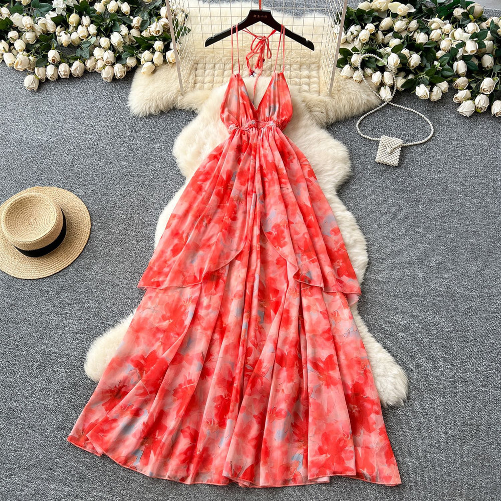 Frenchsexy deep v neck halter dress women's summer waist elegant ruffles large swing printing long skirt