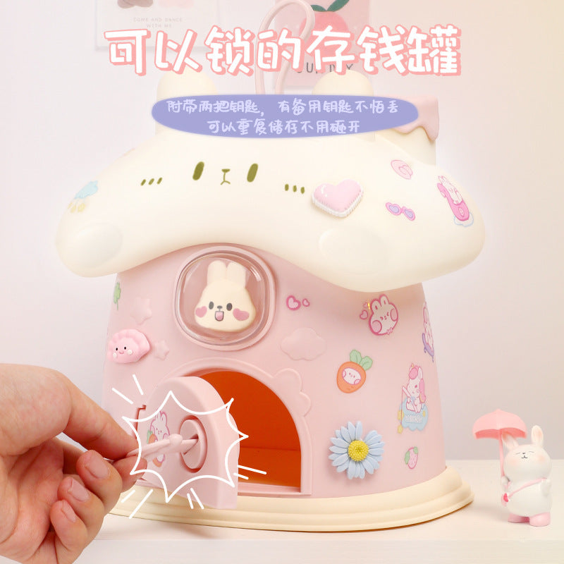 Trendy cartoon rabbit piggy bank - cute kids' creative house design, large capacity, easy access