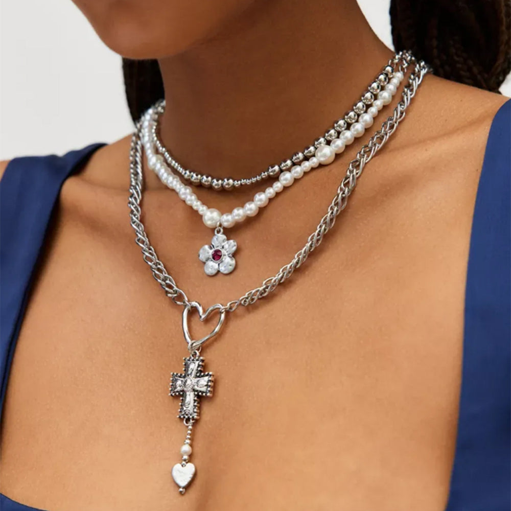 European and american cross-border trendy heavy-duty cross & heart pendant necklace, multi-layered design with floral and pearl accents