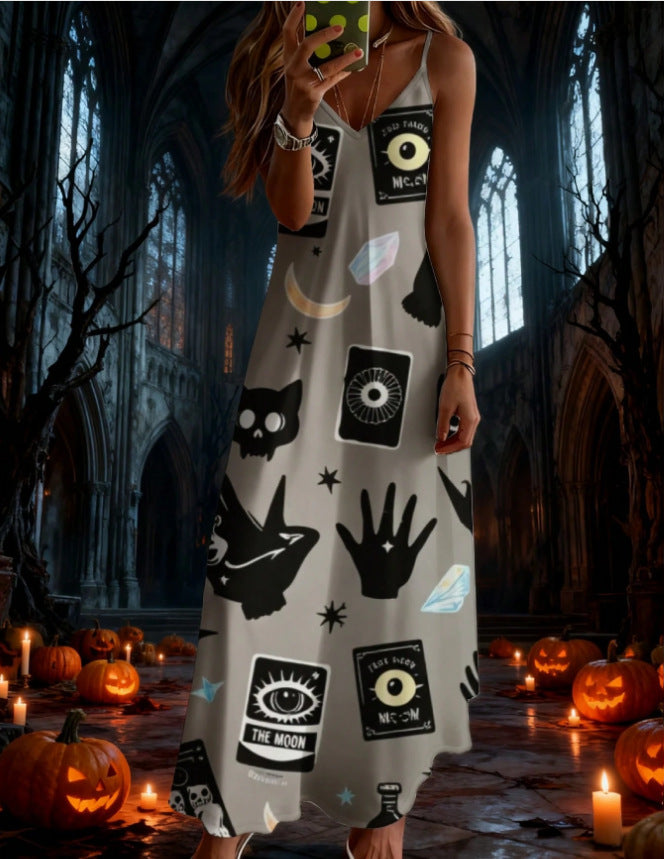 halloween pattern printing longdressv neckloose vacation suspender skirt