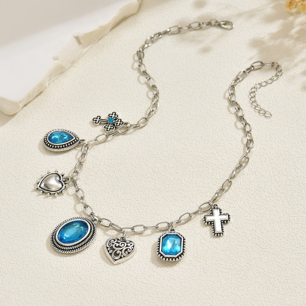 Wholesale blue gemstone necklace - european & american cross-border, light luxury, high-end, baroque heart, teardrop, and cross pendant necklace for women