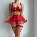 Vintage french lace embroidered three-piece lingerie set - sheer mesh temptation with suspender bra and bodycon skirt