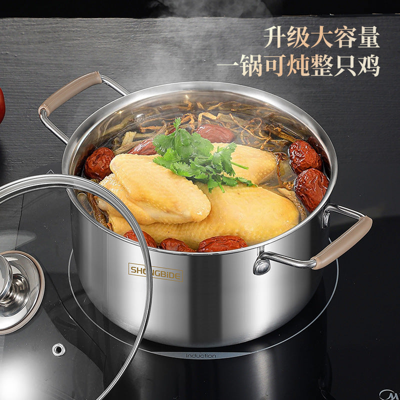 Cross-border binaural 304 soup pot, silicone anti-scalding handle, food-grade three-layer steel thickened porridge pot, soup pot wholesale