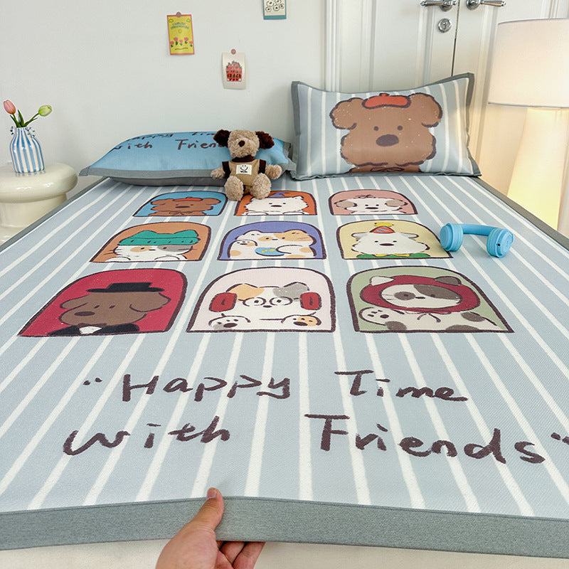 Summer cute ice silk mat three-piece set 1.8 meters single dormitory 0.9 cool silk carbon light foldable soft mat