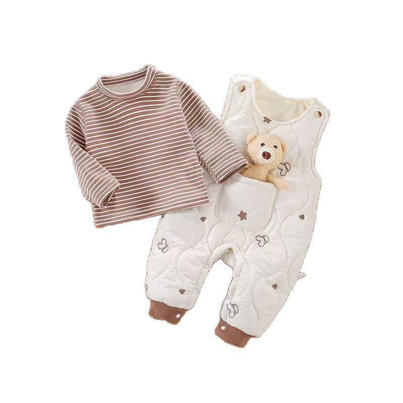 Autumn/winter thickened warm baby clothes set, cute infant overalls two-piece winter outfit