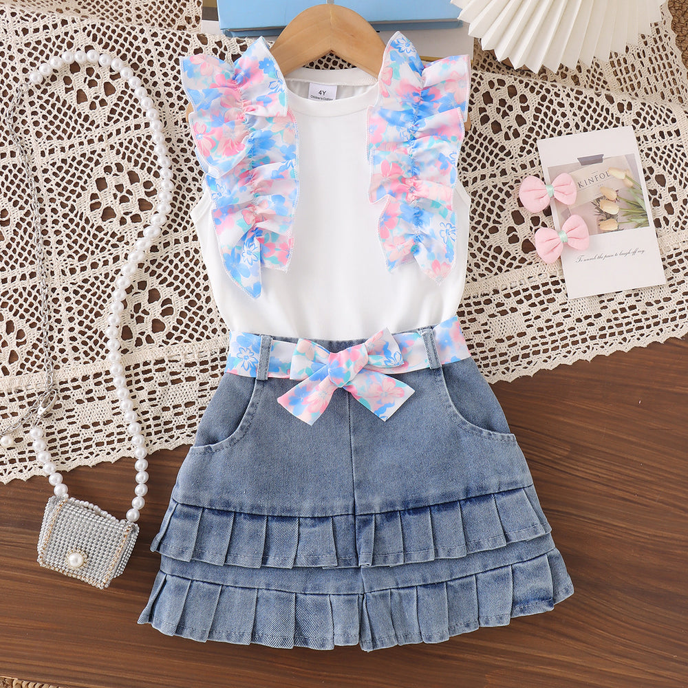 Children's clothing cross-border european and american girls white vest + blue shorts two-piece set children's clothing