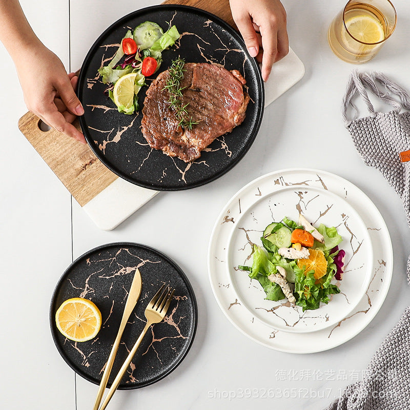 Steak plate marble ceramic western food plate hotel restaurant special plate steak plate with edge pizza plate wholesale