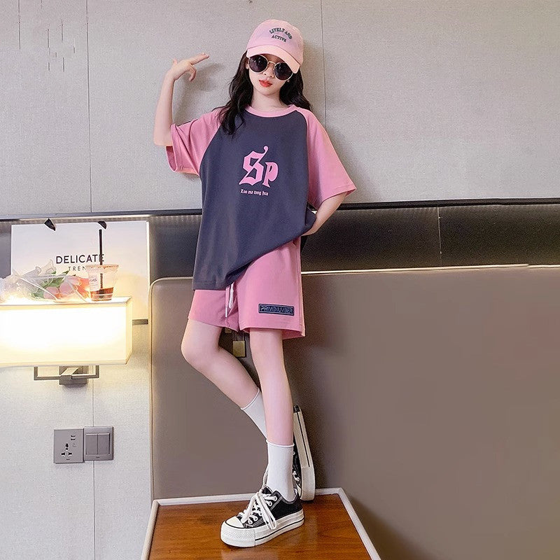 Girls' summer shorts set -  new style kids' short-sleeve fashionable two-piece summer outfit for mid-to-large children, perfect for sports
