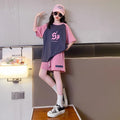 Girls' summer shorts set -  new style kids' short-sleeve fashionable two-piece summer outfit for mid-to-large children, perfect for sports