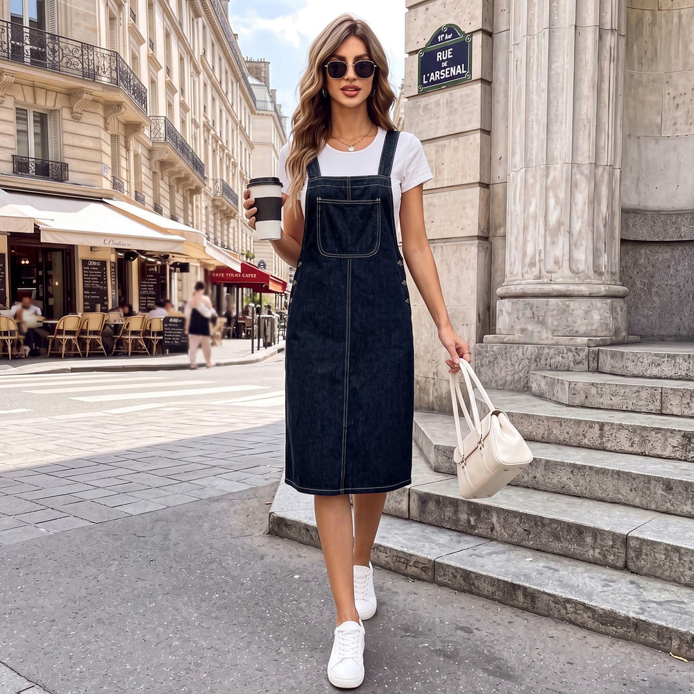 Fashion cross-border export  new arrivalretro wide shoulder strap front flap pocket pants side washed denim workwear suspender skirt