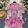 spring export fashion elegancerufflestie back waist printinglong sleeves a-line dress palace style skirt