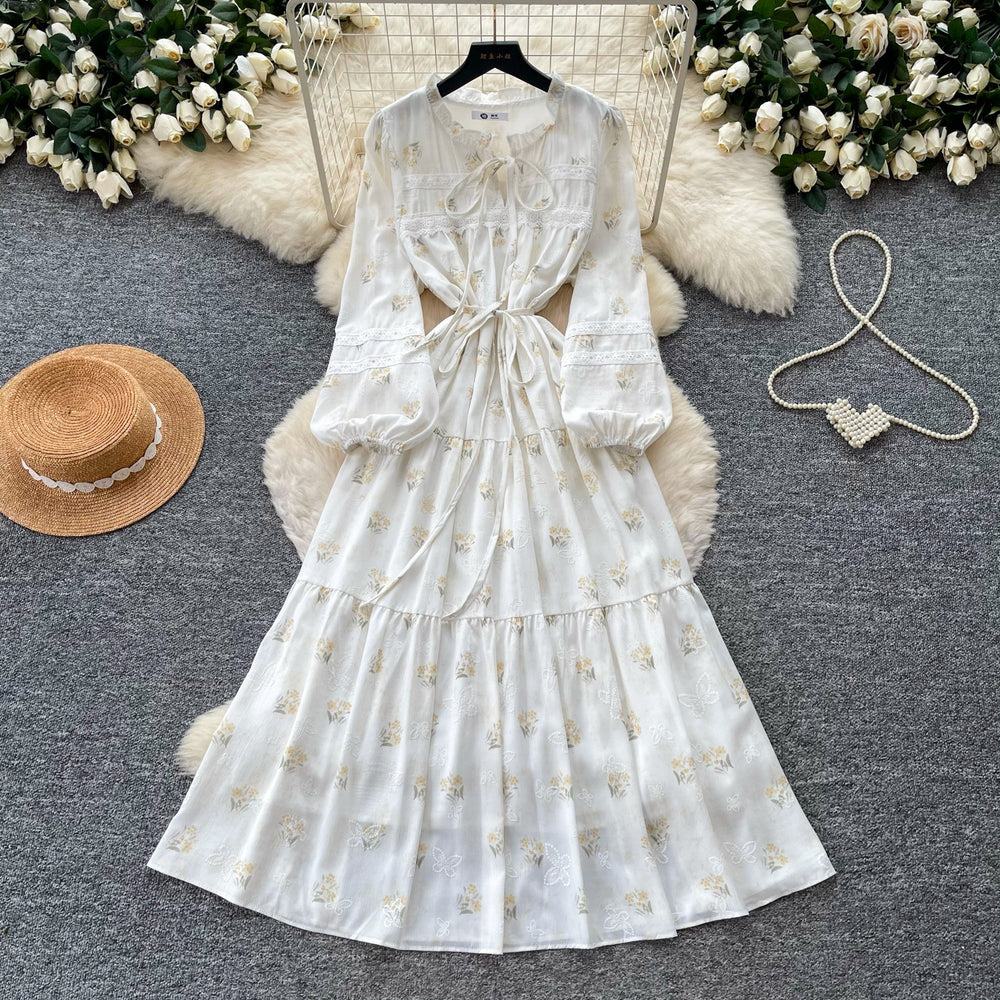 French chic lantern sleeve printed dress - women's summer korean style, slimming tie-waist, ethereal fairy dress