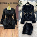 Xiaoxiangfengfashionablesuitfemaleautumclassycontrast color round neck waist long sleeves knitting shirt hip covering short skirt