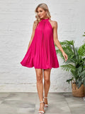 Amazon women's  new spring solid color ruched sleeveless stand collar bow tie elegant dress