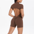 Large backless half open zipper short sleeve yoga jumpsuit dance fitness jumpsuit nude tight sports jumpsuit