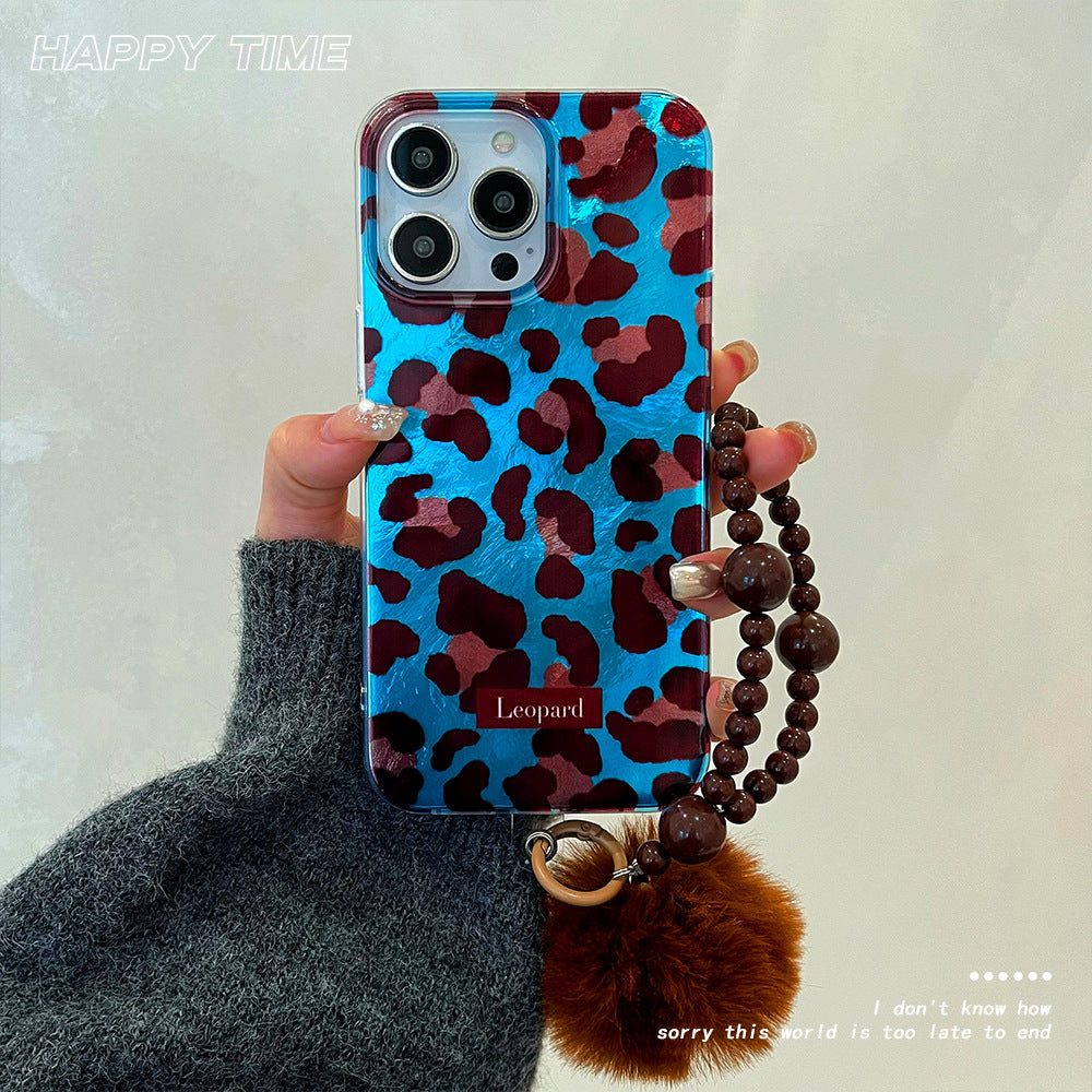 Blue and brown leopard print swirl case, compatible with apple 16 pro max, iphone 15, and iphone 14
