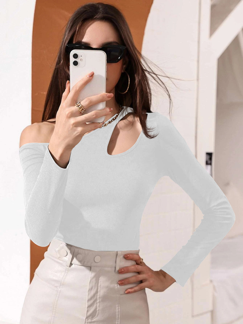 European and american women's clothing  fall/winter new arrivals: sexy cutout, slim-fit, casual long-sleeve women's t-shirt top -  in-stock