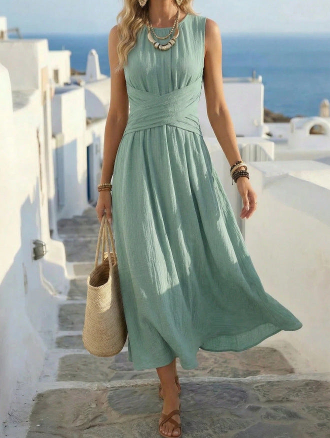 summer sleeveless maxi dress - european & american style, cinched waist, flowy skirt, vacation & casual wear -  cross-border