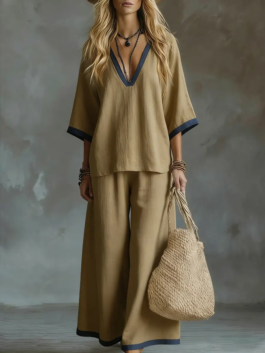 fashion women's summer two-piece set: casual solid color v-neck loose-fit short sleeve top and pants