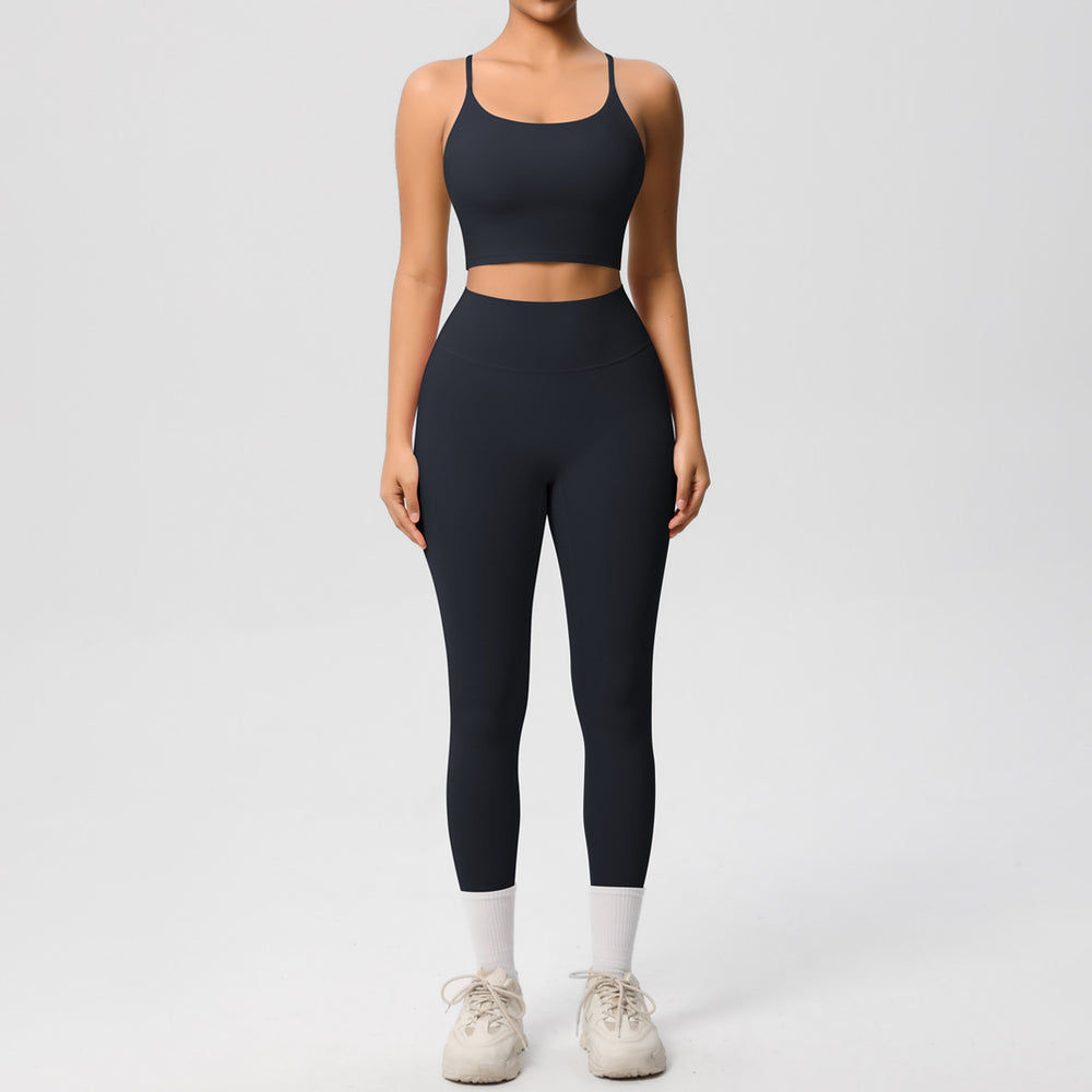 New arrival: double-sided brushed solid color seamless back compression yoga set - breathable workout outfit for running and fitness (two-piece)