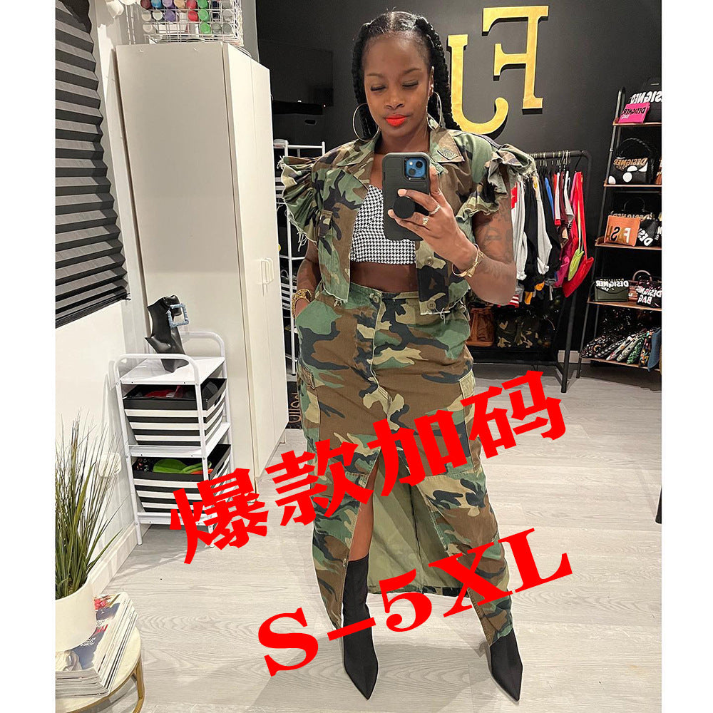 Plus size european and american cross-border women's clothing  street style unique camouflage print large pocket slit midi skirt