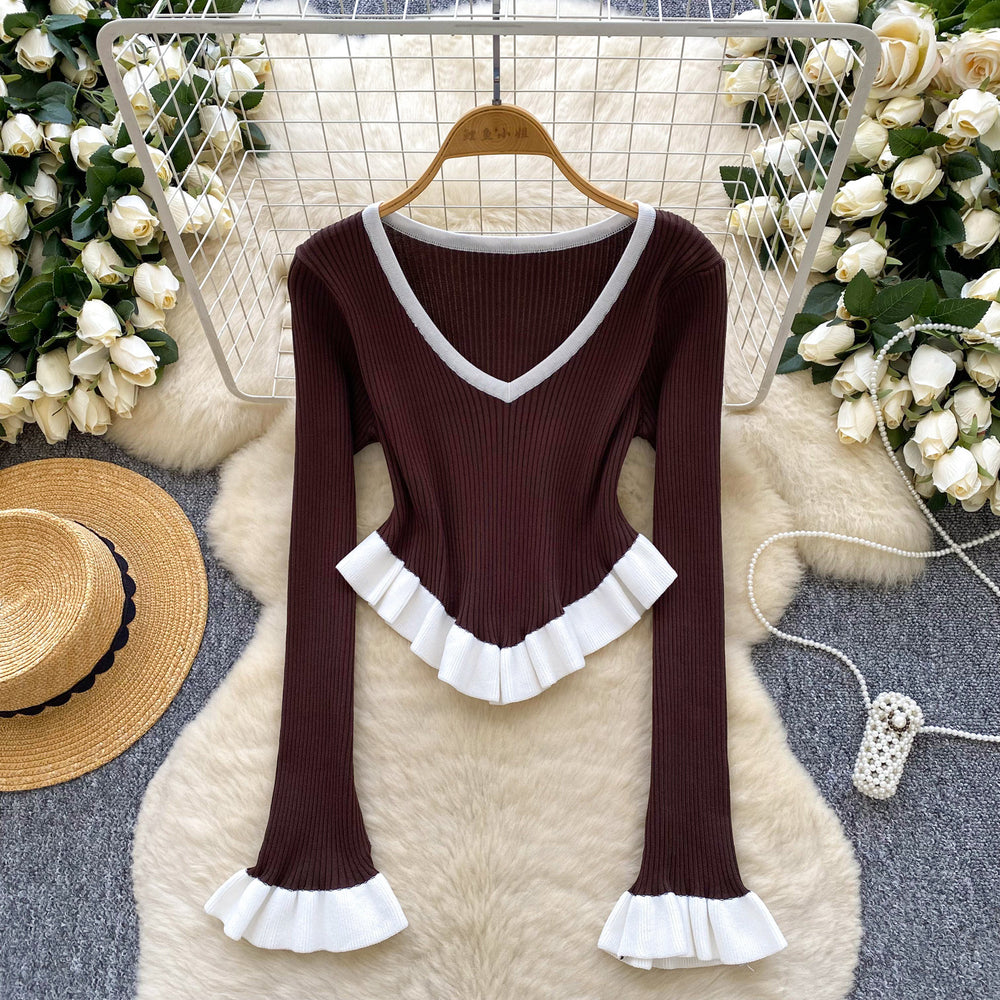 European and american style color block striped knit top - autumn ruffle hem flare sleeve slim fit outerwear base layer