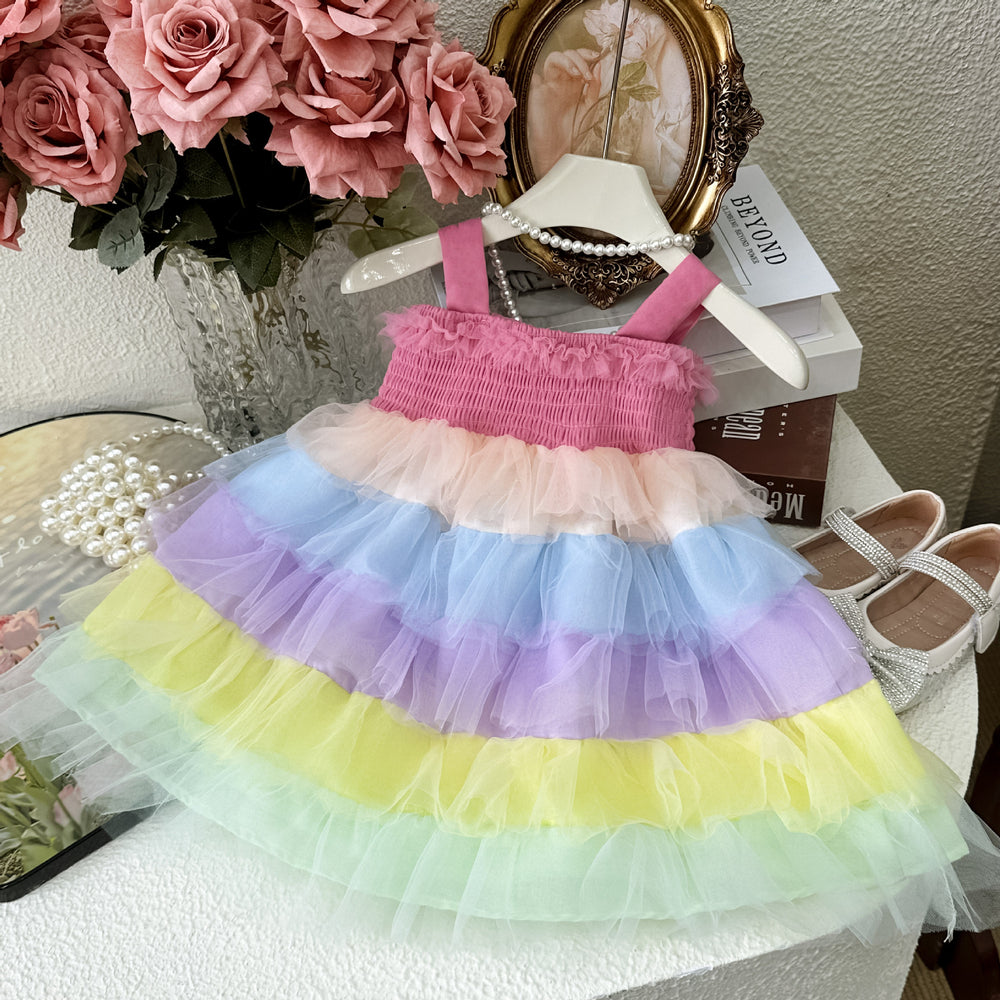 Girls' tutu dress : trendy sweet suspender dress, colorful tiered cake skirt