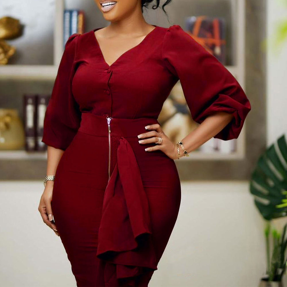 D306 european and american plus size women's clothing  autumn/winter v-neck long sleeve top and bodycon midi skirt two-piece set - export quality