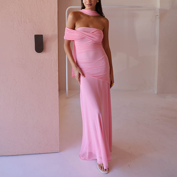 European and American style  2025 fashion temperament streamer women's long dress  sexy one-shoulder Spice Girl tube top dress