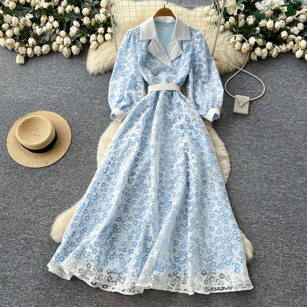 Frenchelegancev neck floral dress women's k-stylelong sleeves lapel waist a-line long skirt work clothingclassy