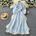 Frenchelegancev neck floral dress women's k-stylelong sleeves lapel waist a-line long skirt work clothingclassy