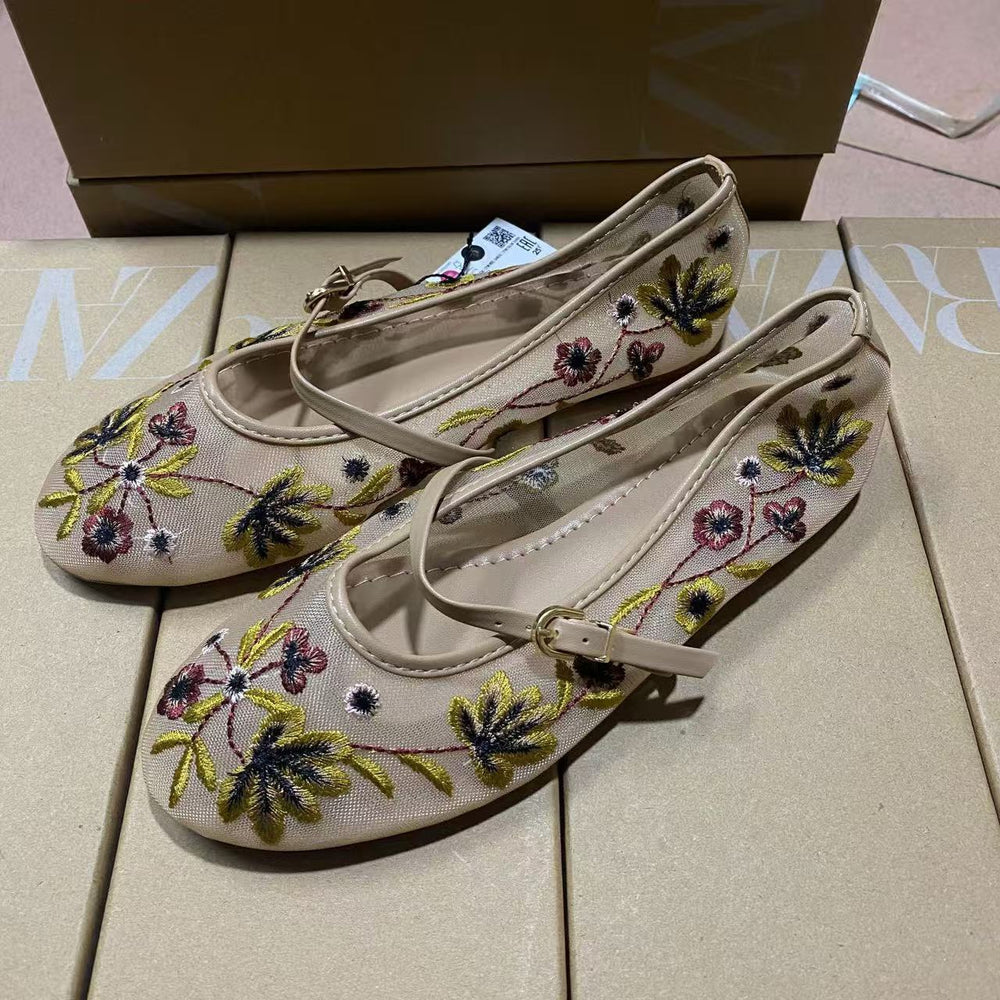 Za spain 2024 autumn new women's shoes round toe mesh sand green floral embroidery mesh ballet flats