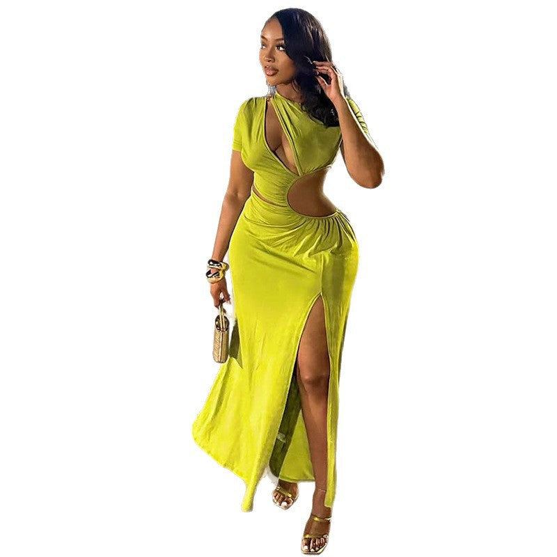 European and american style cross-border elegant women's fashion hollow-out slit socialite irregular skirt round neck solid color pleated dress