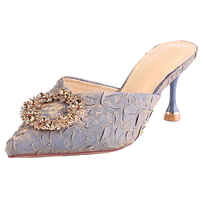 Women's summer outdoor slippers, 2023 new french style rhinestone high heel mules, stiletto heel closed-toe sandals, black